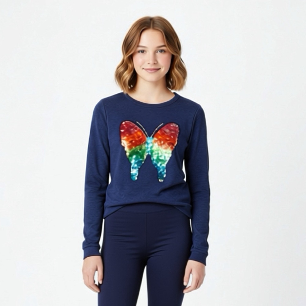NWT Girls sz 10 Mim-Pi Navy Top with Sequin Butterfly Design Long Sleeves‎